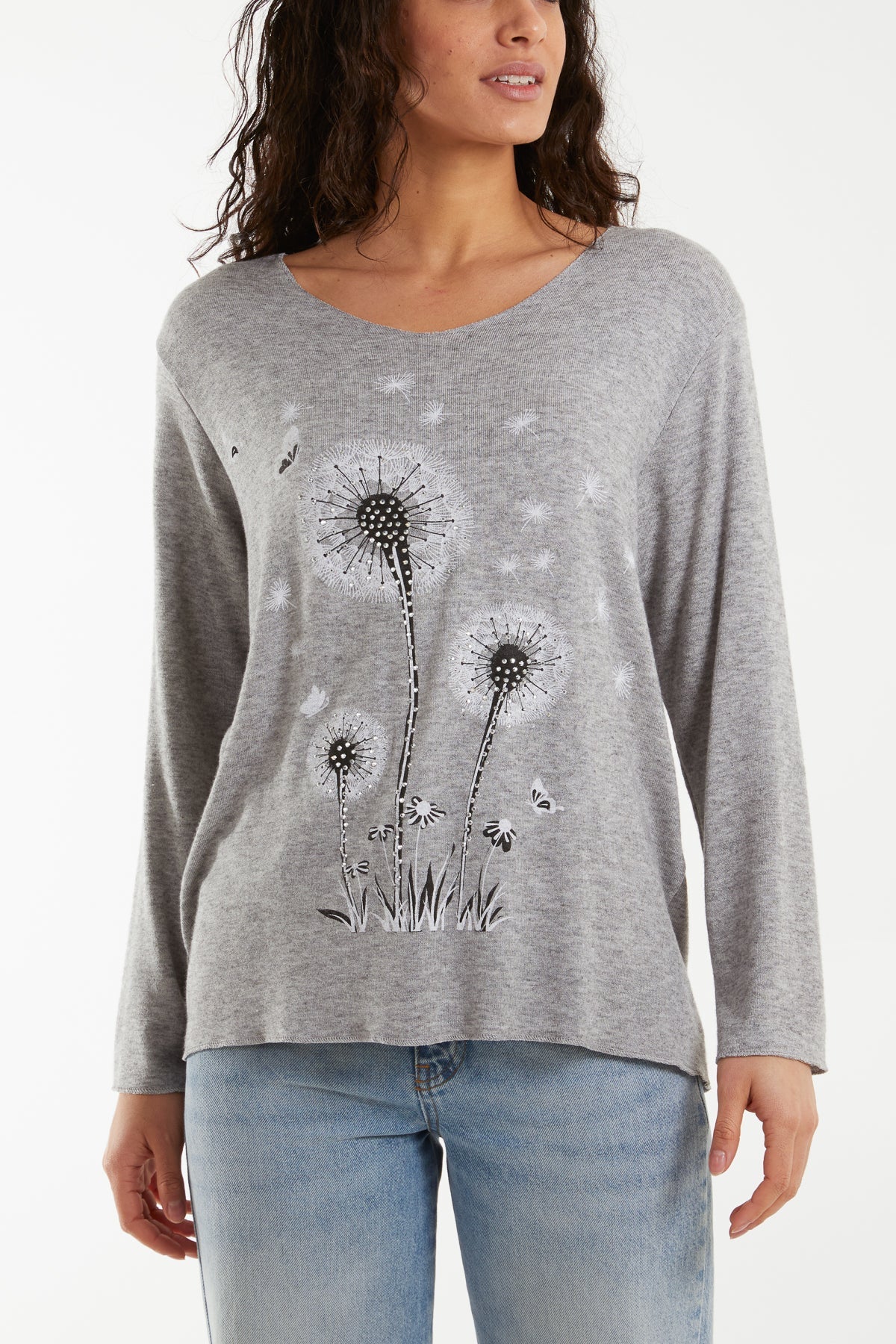 Diamante Dandelion Flower Fine Knit Jumpers WearAll Grey One Size