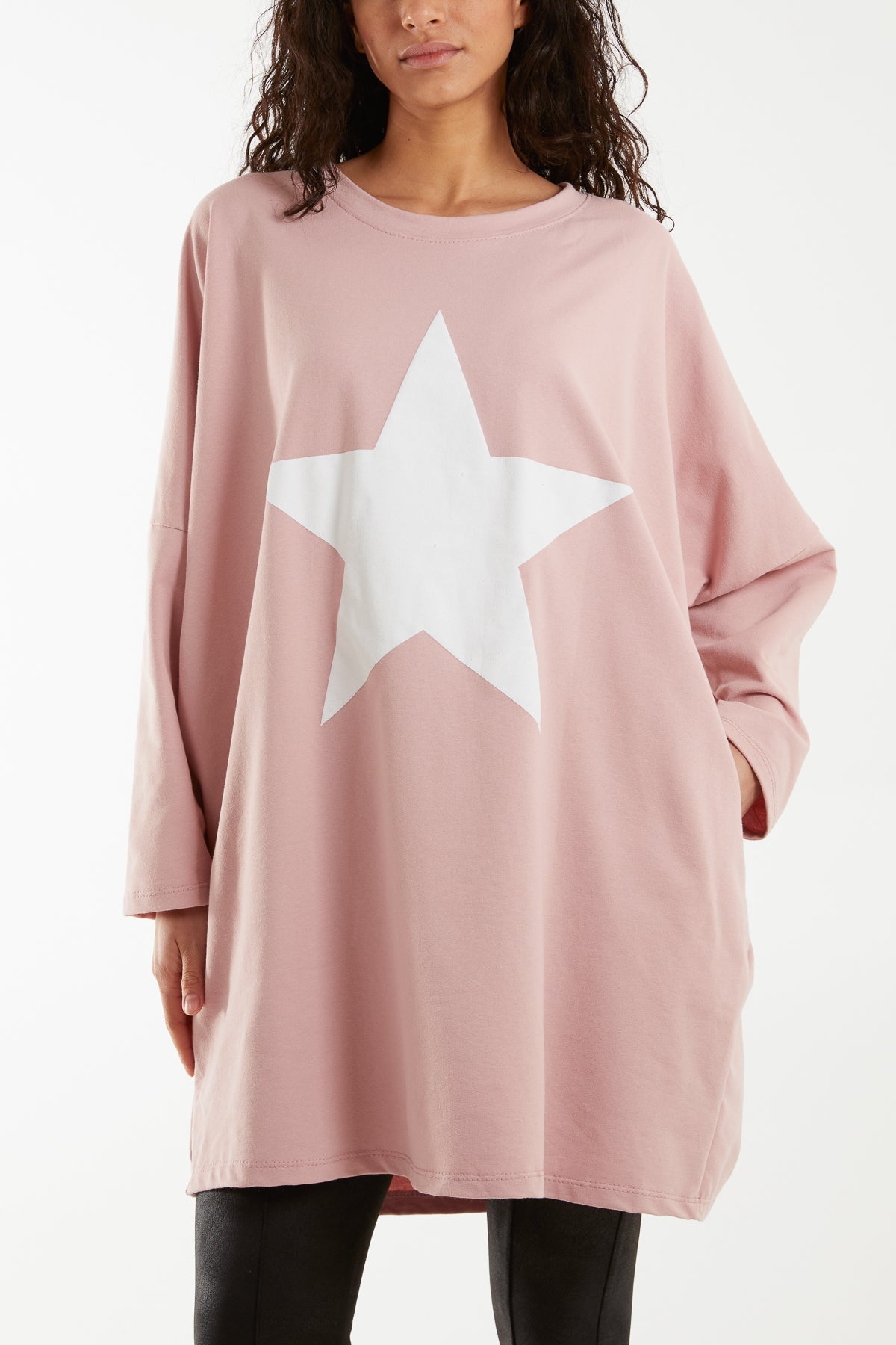 Foil Star Side Pockets Sweatshirt Dress Dresses WearAll Blush One Size