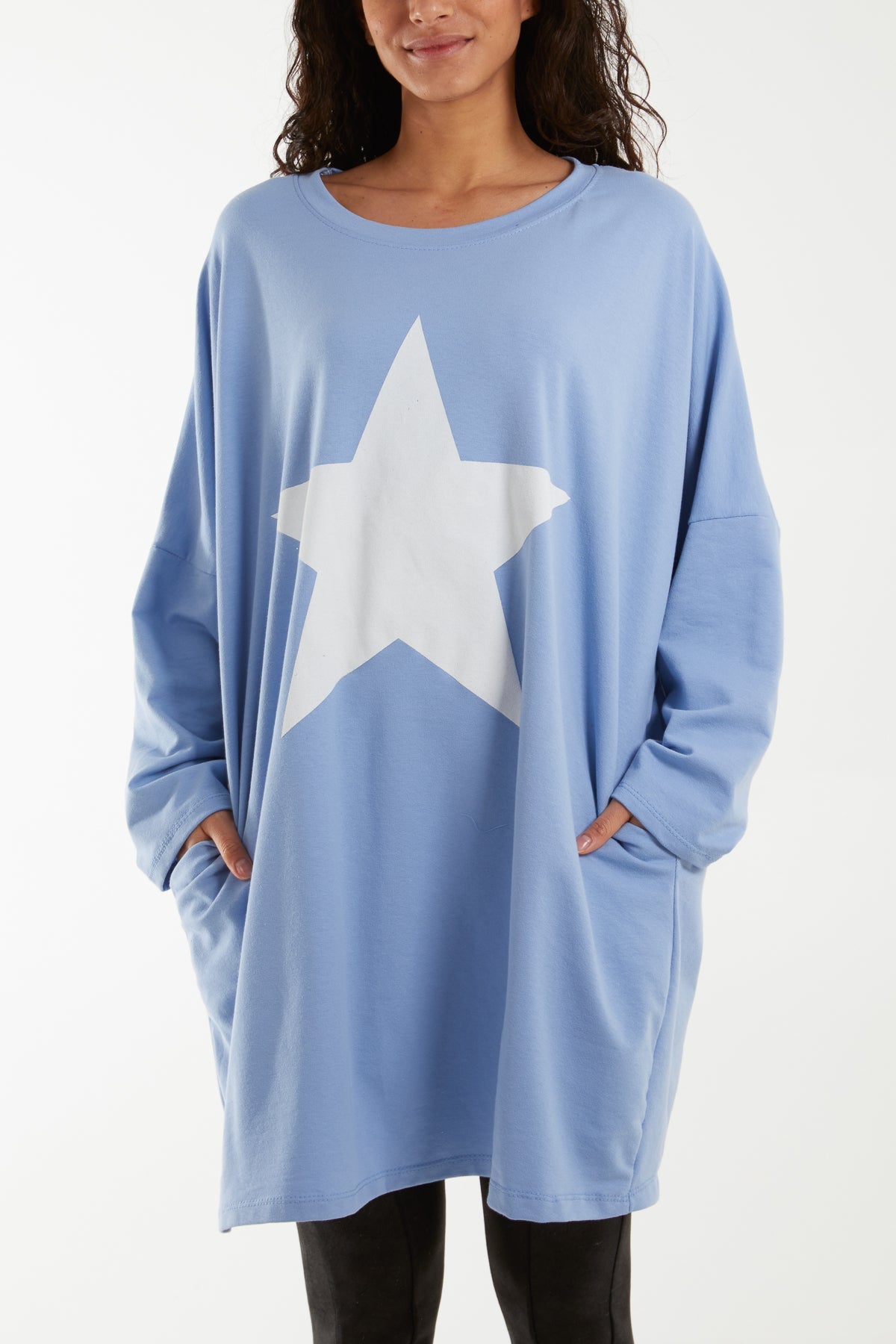 Foil Star Side Pockets Sweatshirt Dress Dresses WearAll Light Blue One Size