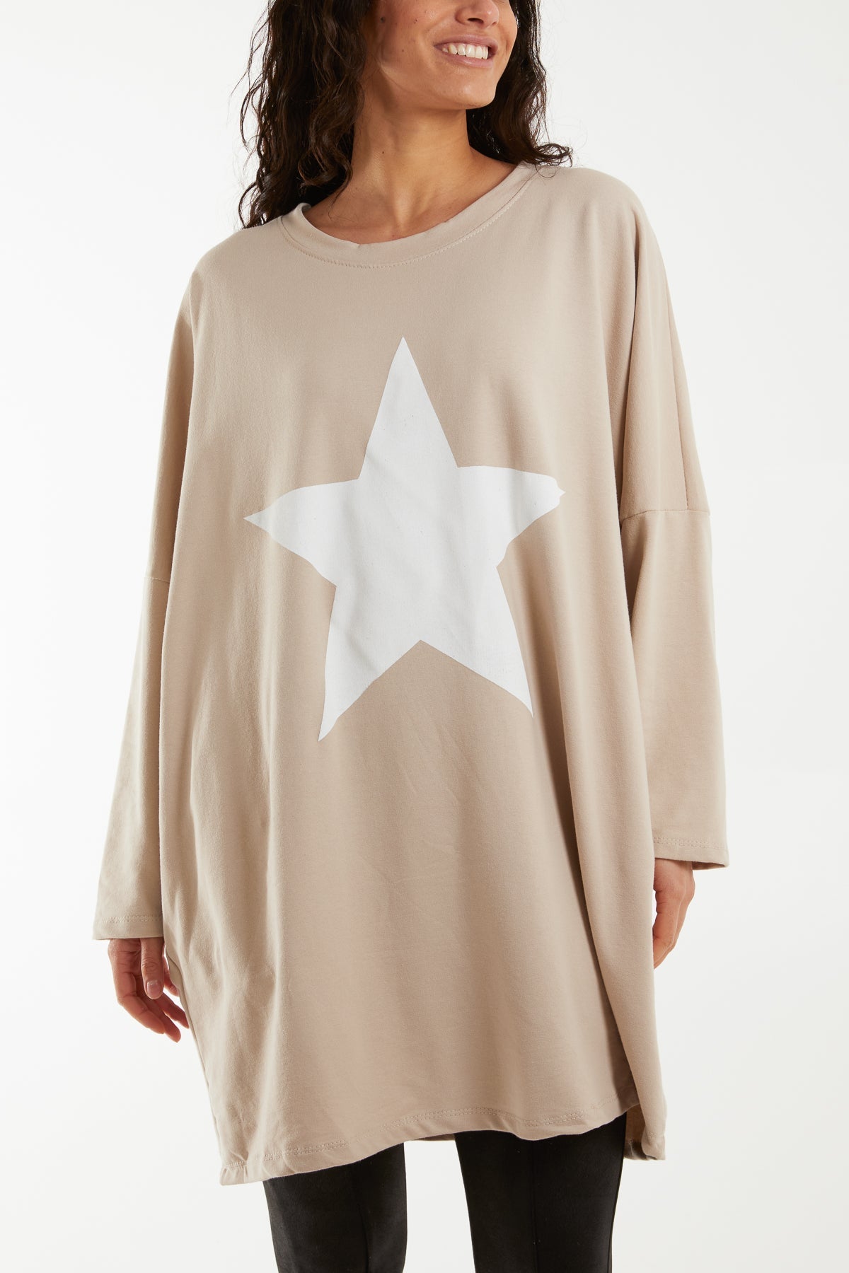 Foil Star Side Pockets Sweatshirt Dress Dresses WearAll Beige One Size