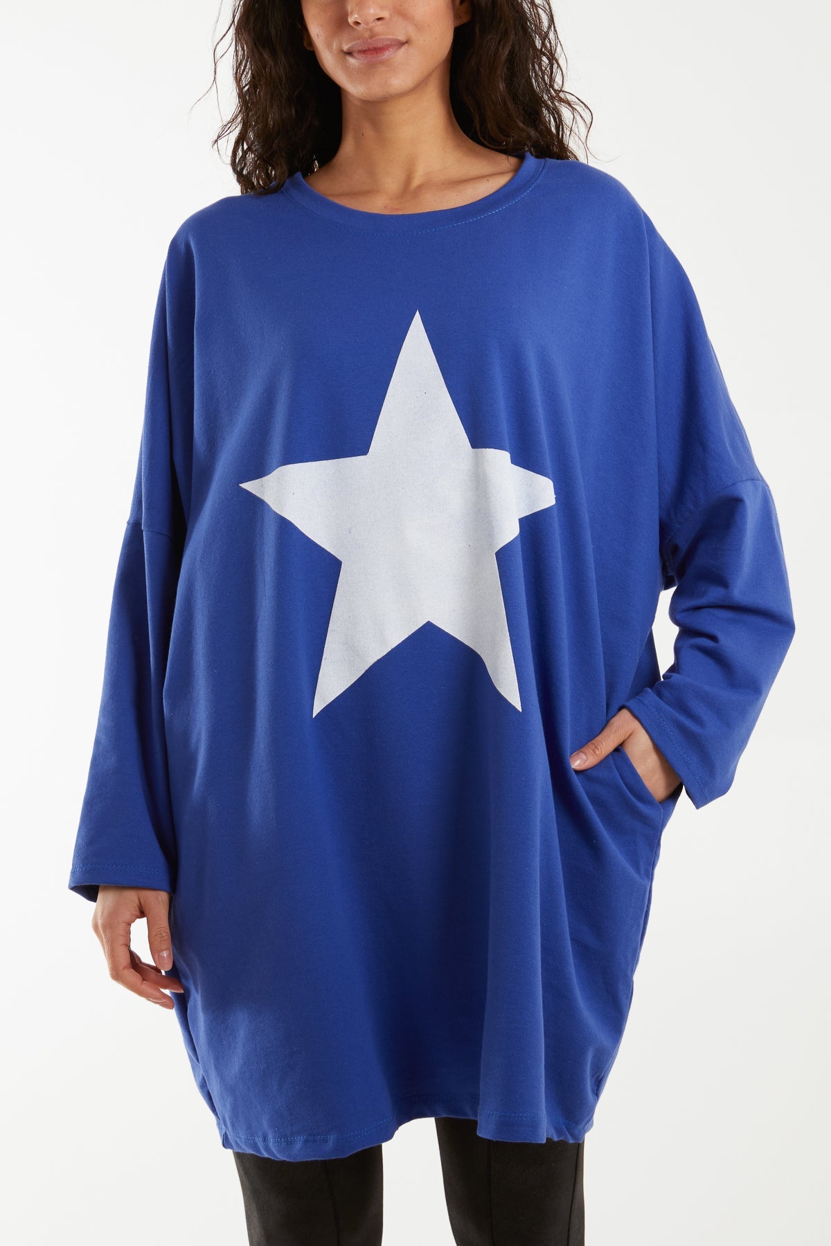 Foil Star Side Pockets Sweatshirt Dress Dresses WearAll Royal Blue One Size