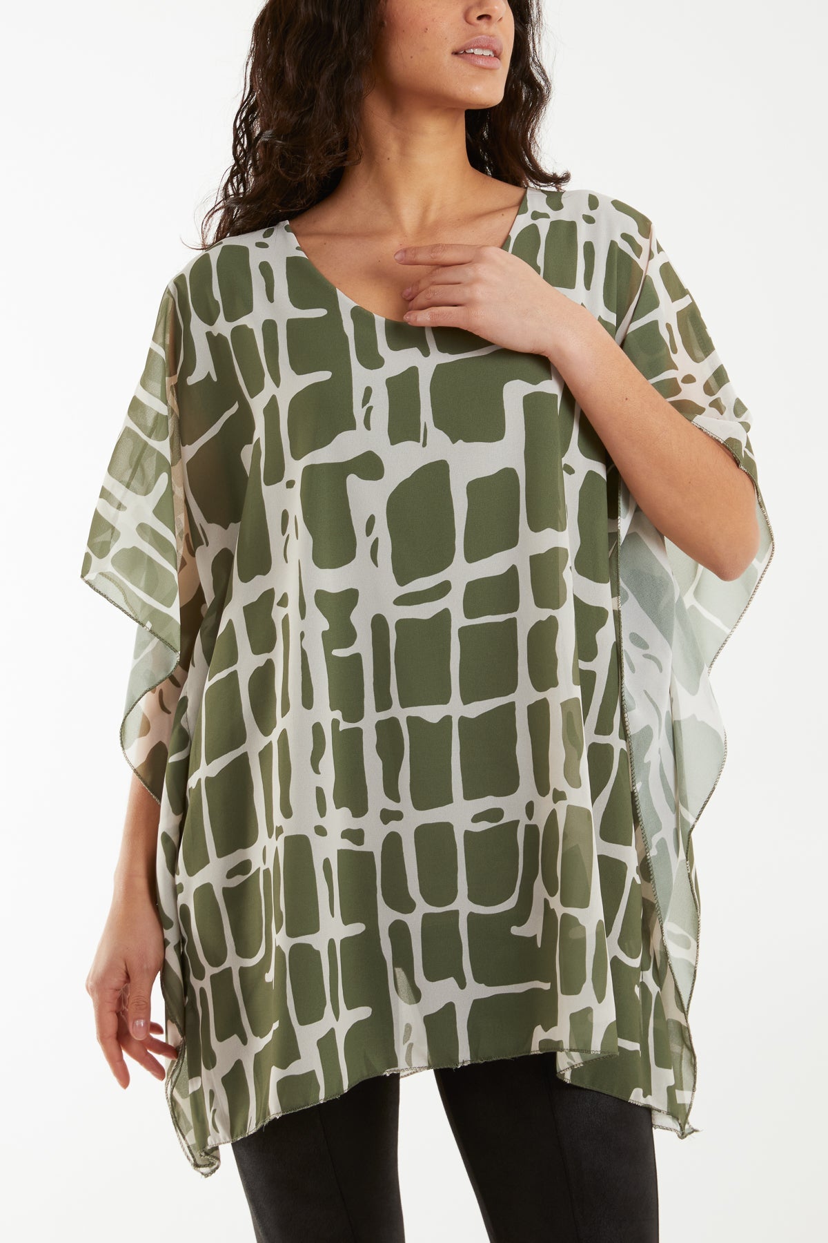 Geometric Print Double Layer Tunic Blouses WearAll Khaki One Size