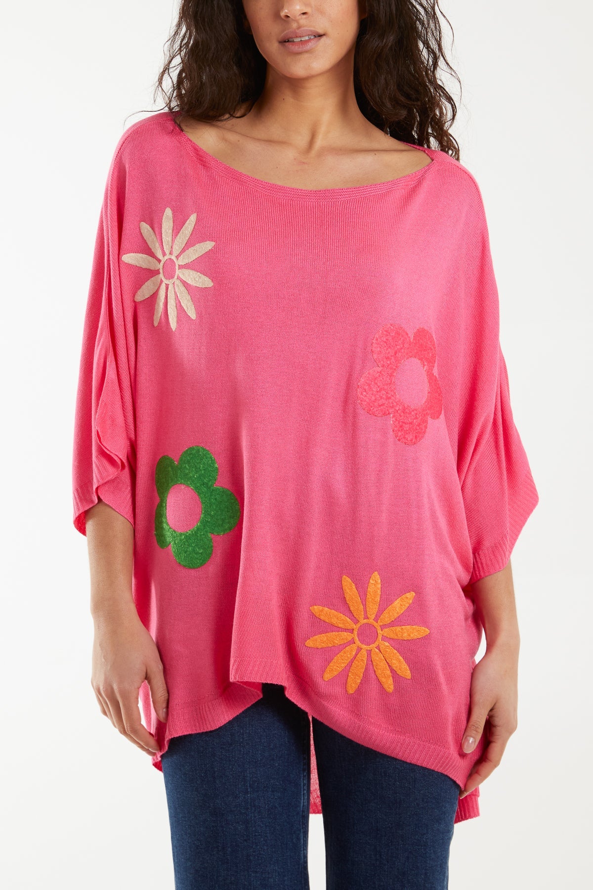 Boat Neck Floral High Low Knit Top Jumpers WearAll Hot Pink One Size