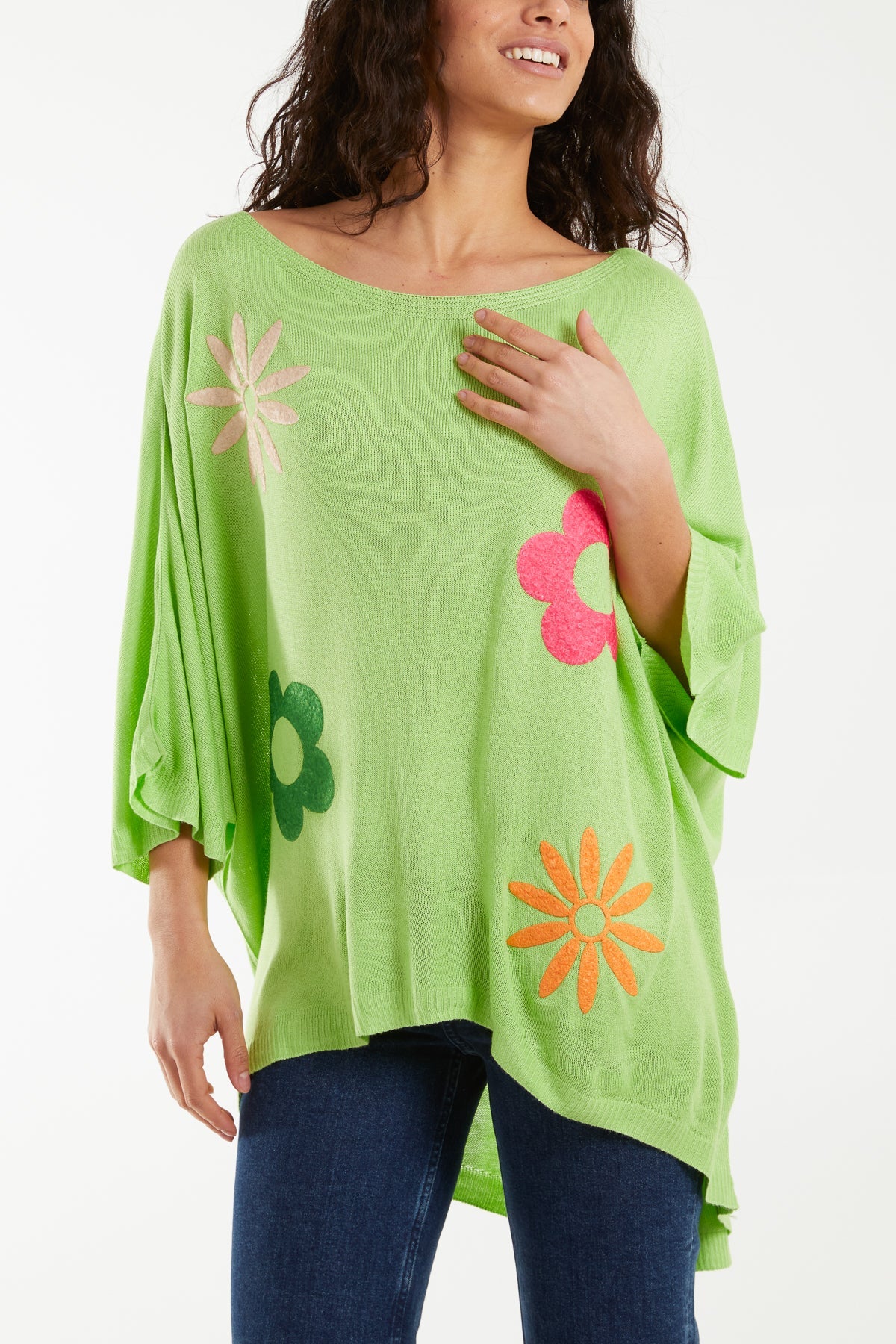 Boat Neck Floral High Low Knit Top Jumpers WearAll Lime One Size