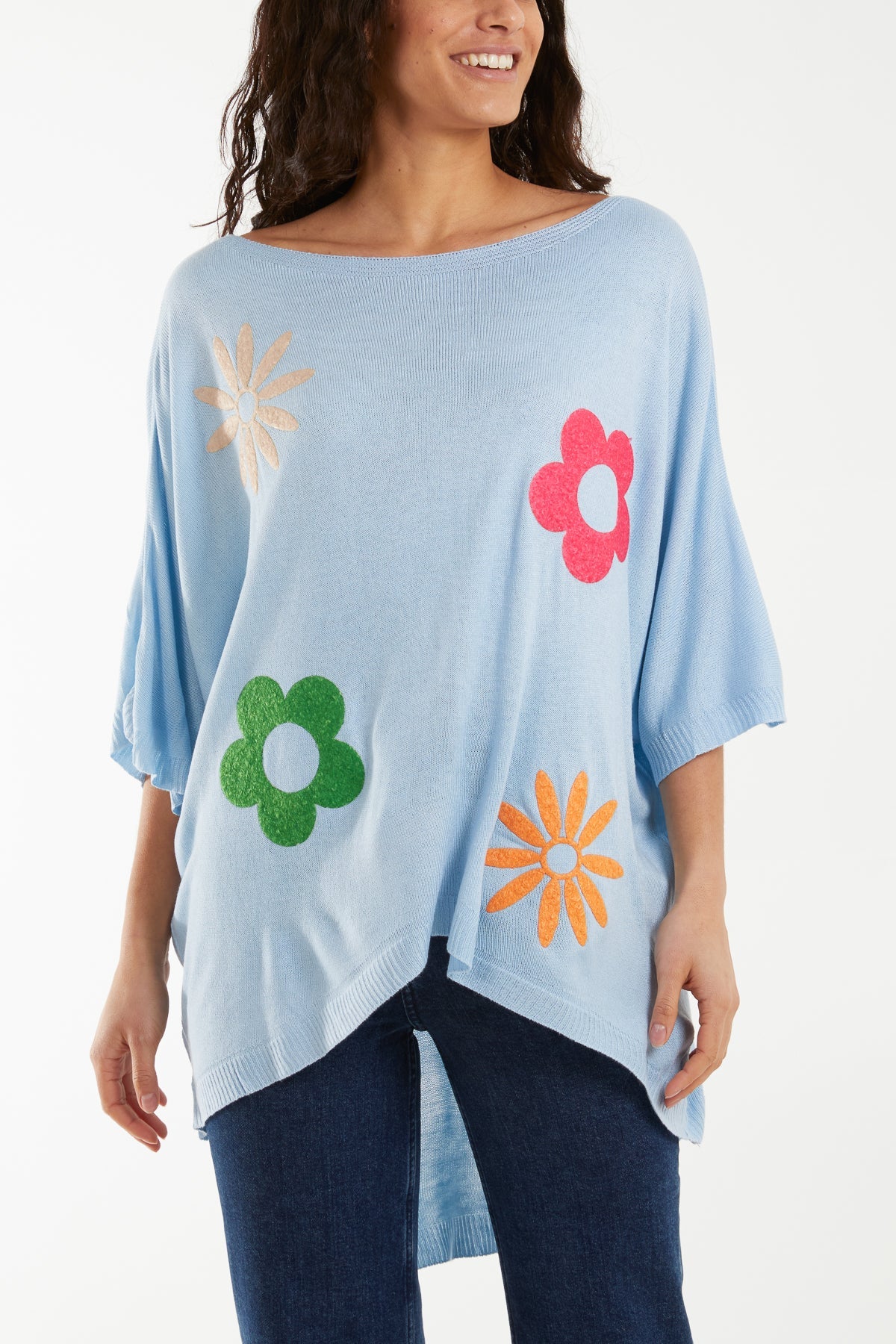 Boat Neck Floral High Low Knit Top Jumpers WearAll Light Blue One Size