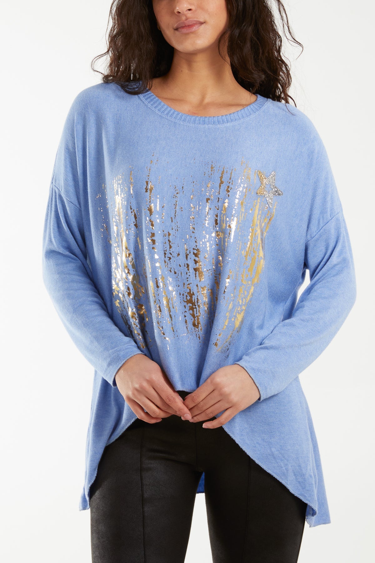 Diamante Star Foil Design High Low Jumper Jumpers WearAll Blue One Size