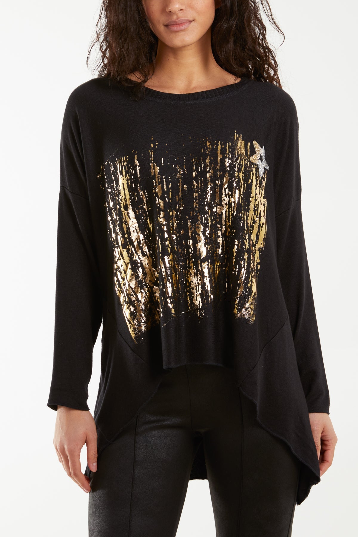 Diamante Star Foil Design High Low Jumper Jumpers WearAll Black One Size