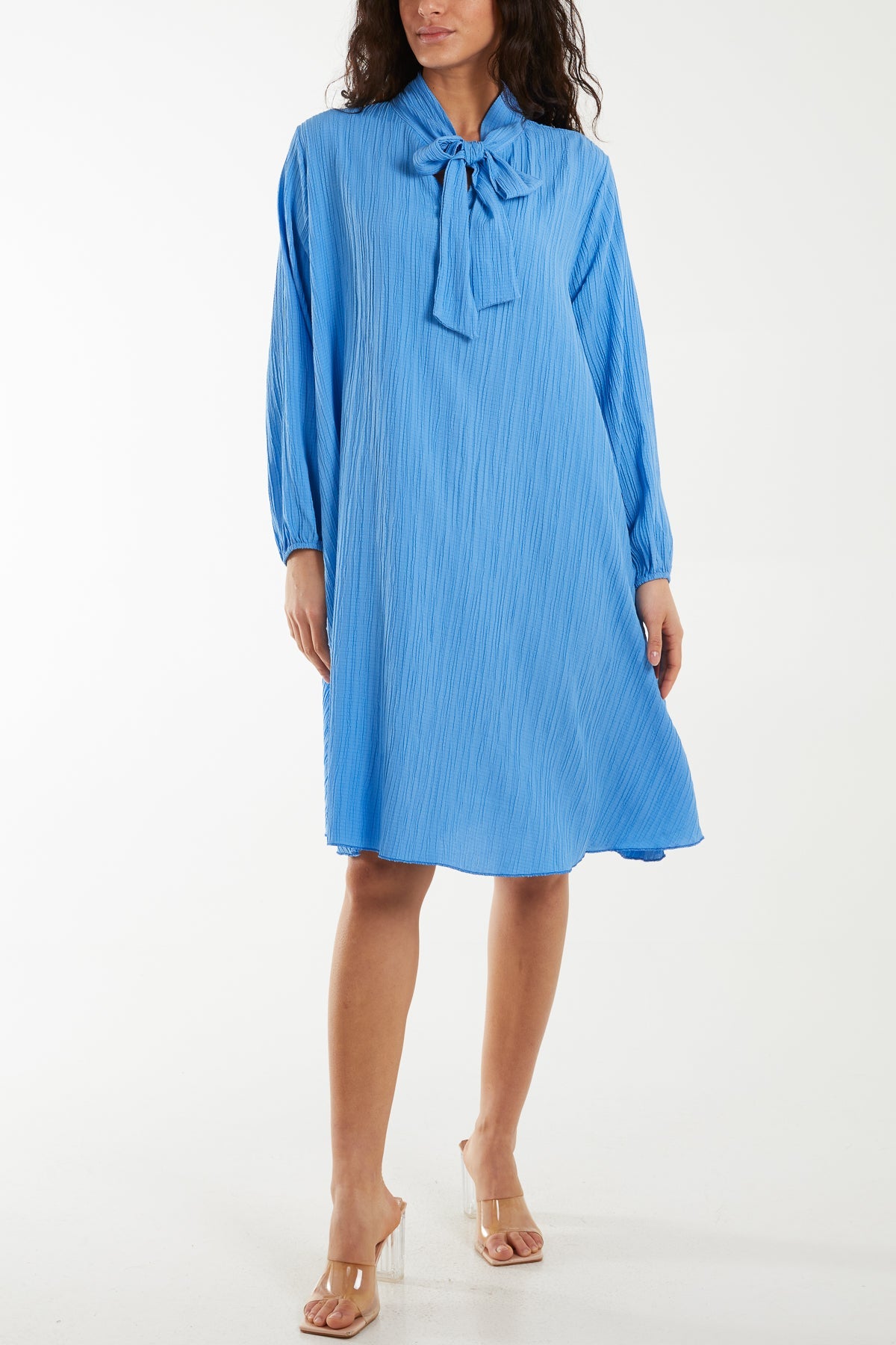 Pussy Bow Crinkle Fabric Midi Dress Dresses WearAll Blue One Size