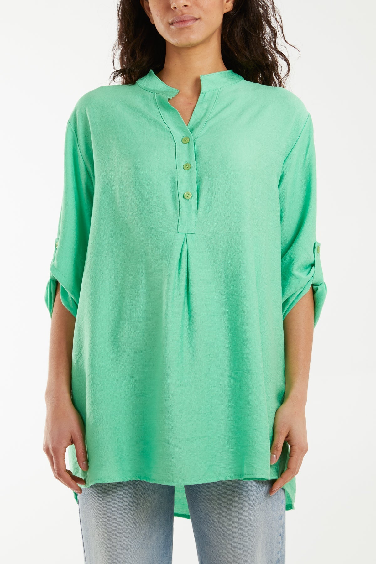 Grandad Collar Tied Up Sleeve Blouse Blouses WearAll Apple Green One Size