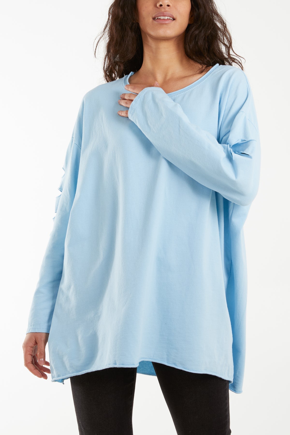 Sleeve & Back Distressed Cut Out long Top T-shirts WearAll Light Blue One Size