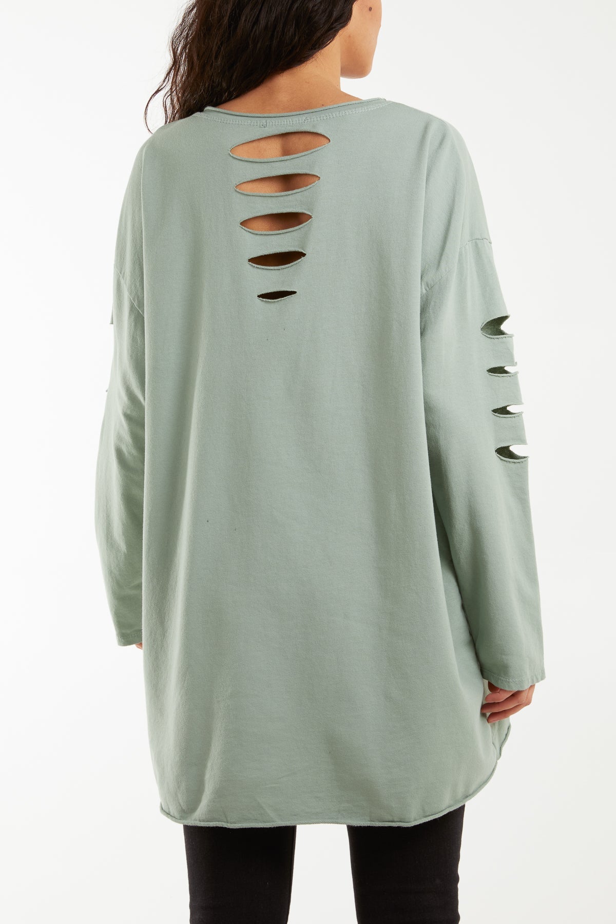 Sleeve & Back Distressed Cut Out long Top T-shirts WearAll