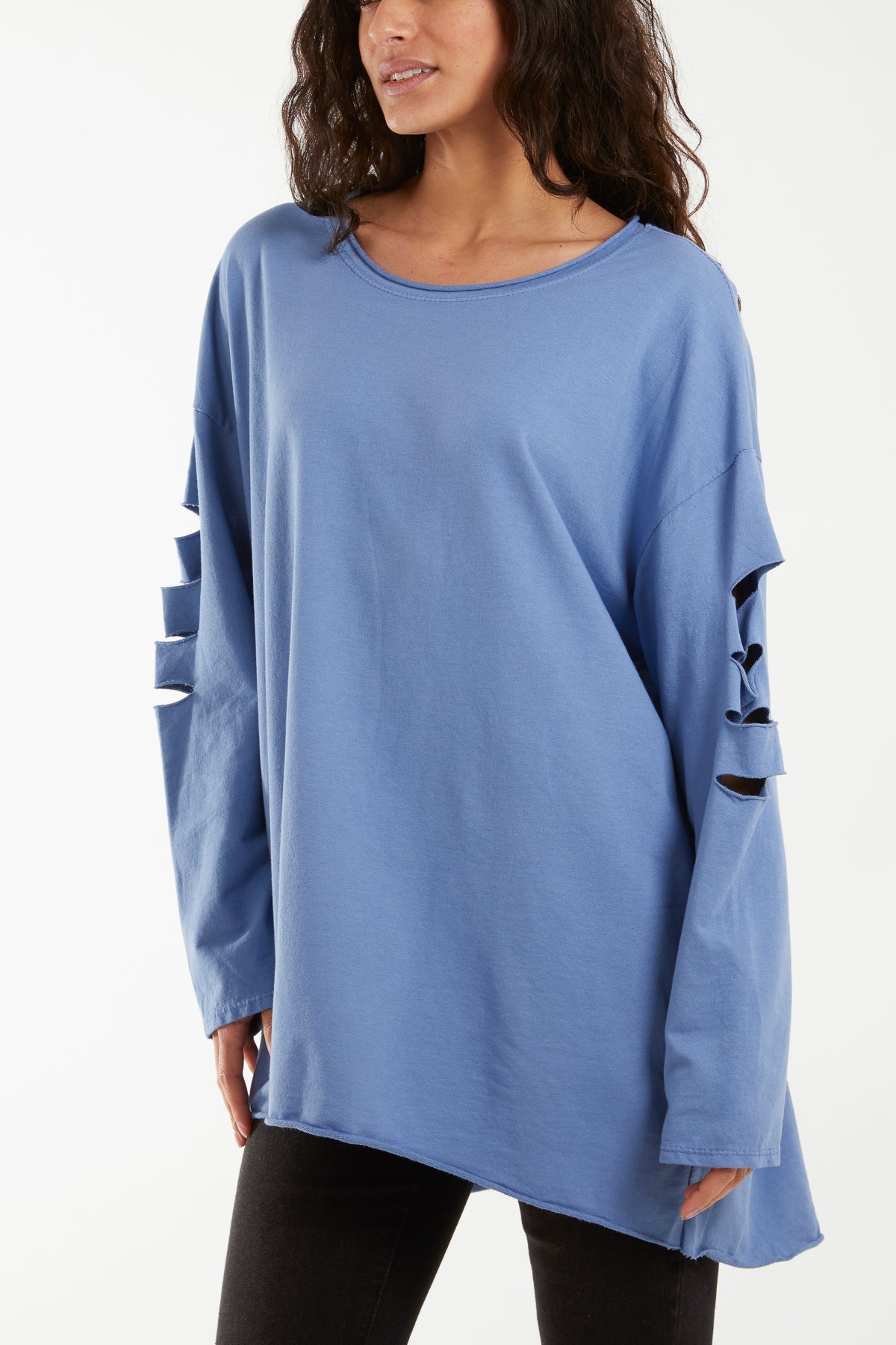 Sleeve & Back Distressed Cut Out long Top T-shirts WearAll Denim One Size