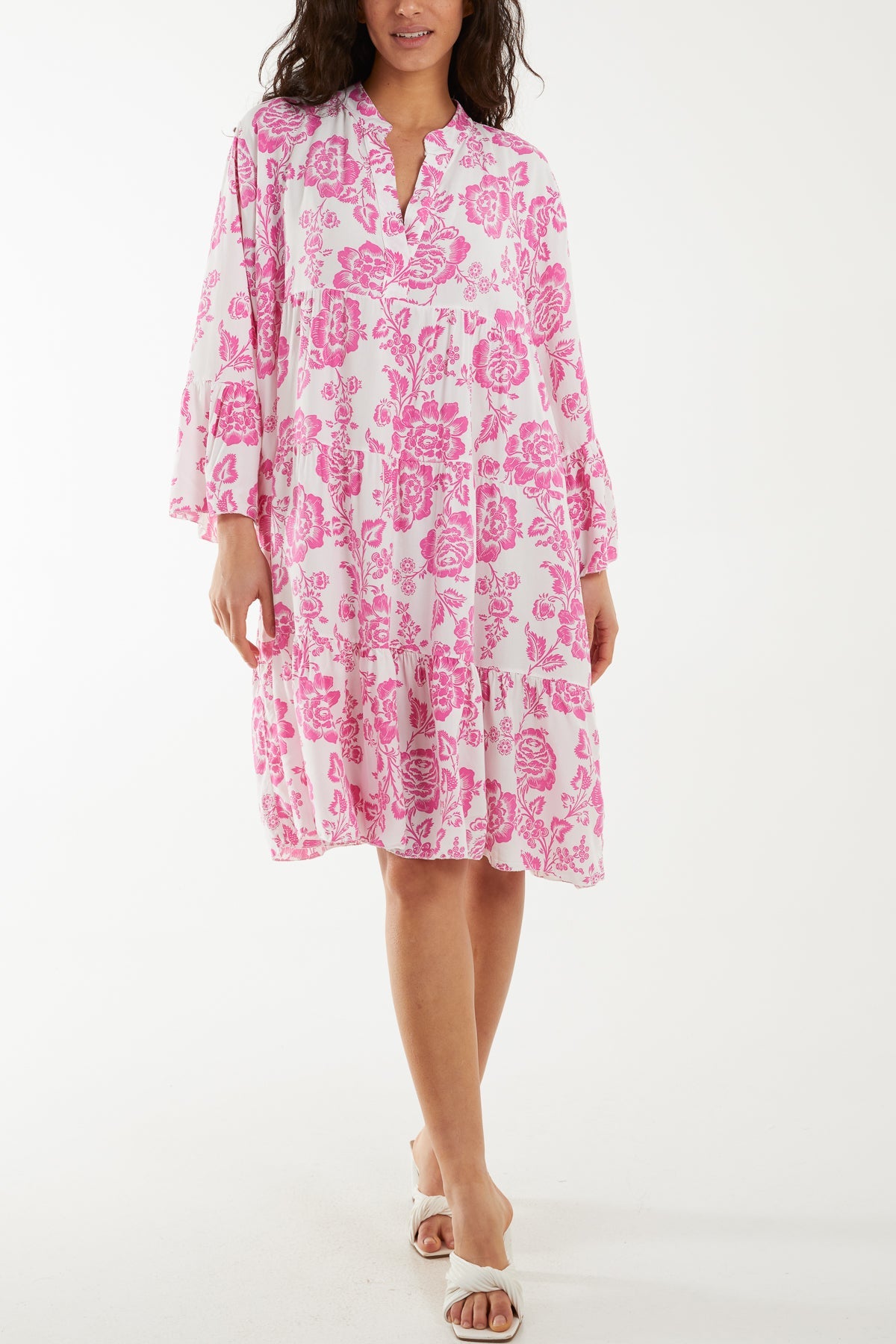 Roses Print Tiered Smock Dress Dresses WearAll Hot Pink One Size