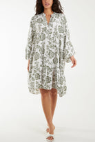 Roses Print Tiered Smock Dress Dresses WearAll Khaki One Size