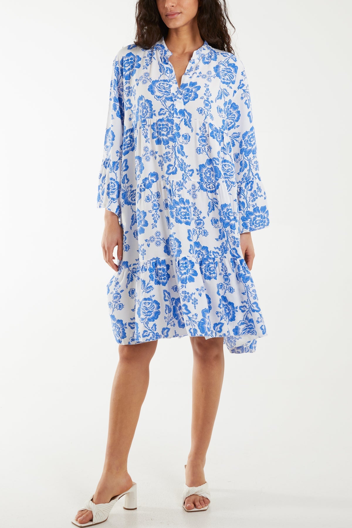 Roses Print Tiered Smock Dress Dresses WearAll Royal Blue One Size