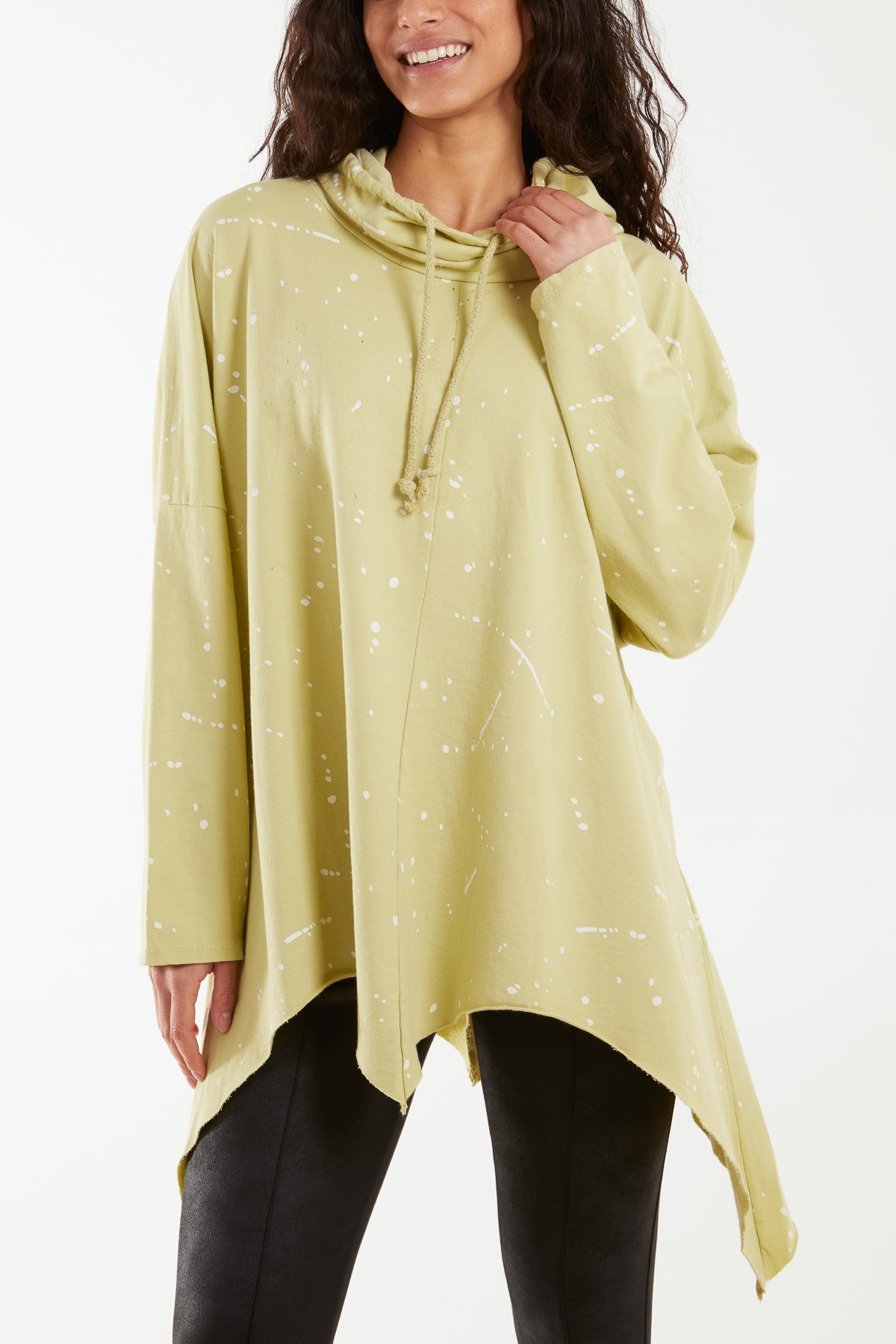 Paint Splatter Cowl Neck Hanky Hem Sweatshirt Sweatshirt WearAll Lime One Size