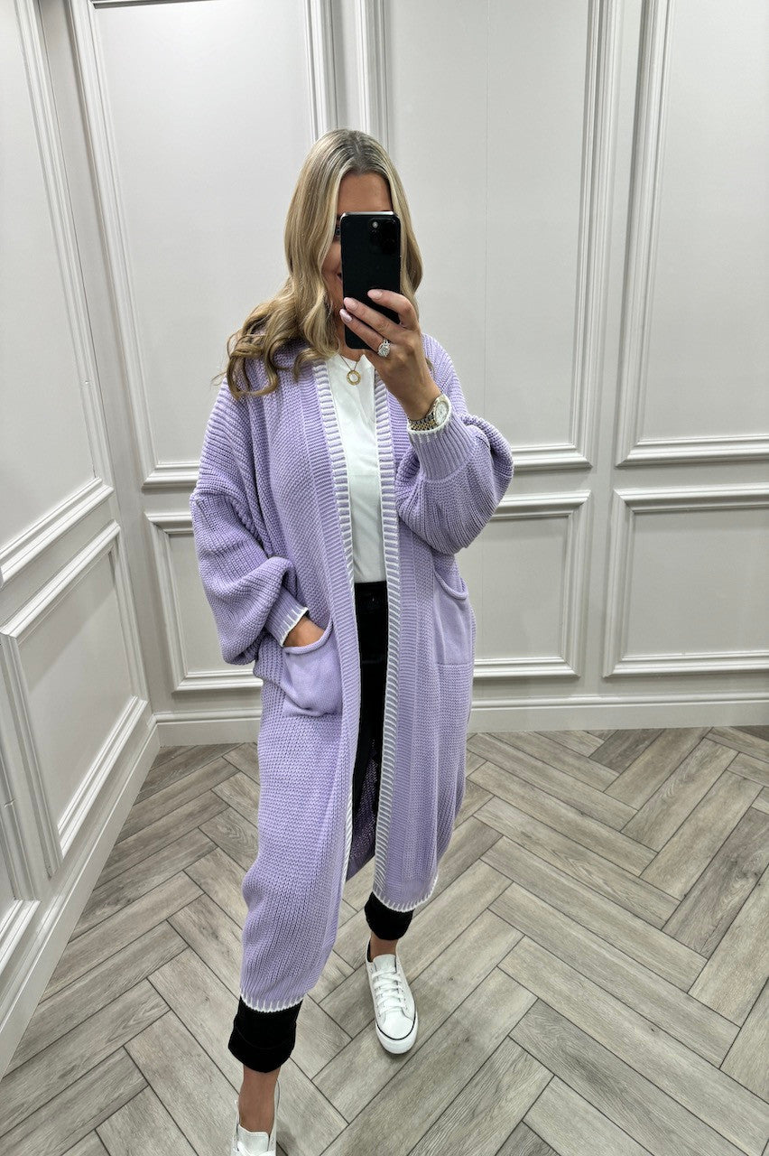 BLANKET STITCH HEM LONGLINE CARDIGAN One Size (8-18) Knitted Cardigan WearAll Lilac One Size