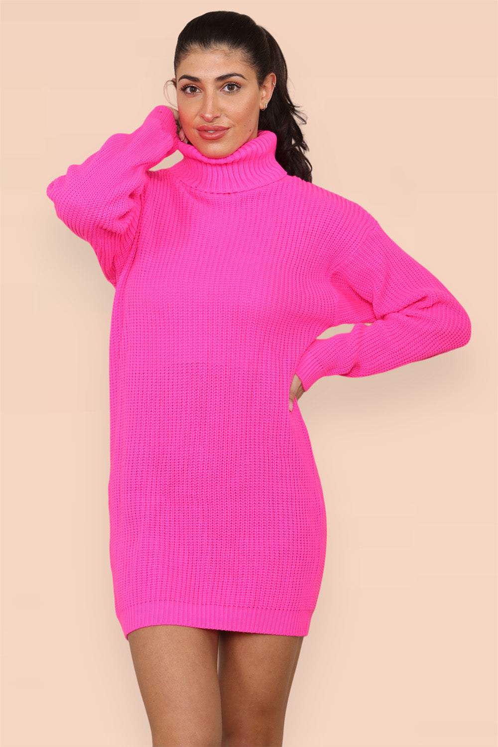 Polo Roll Neck Over Sized Ribbed Knitted Florescent Chunky Sweater Jumper Dress Playsuits & Jumpsuits WearAll Fuchsia One Size Fit(8-16)
