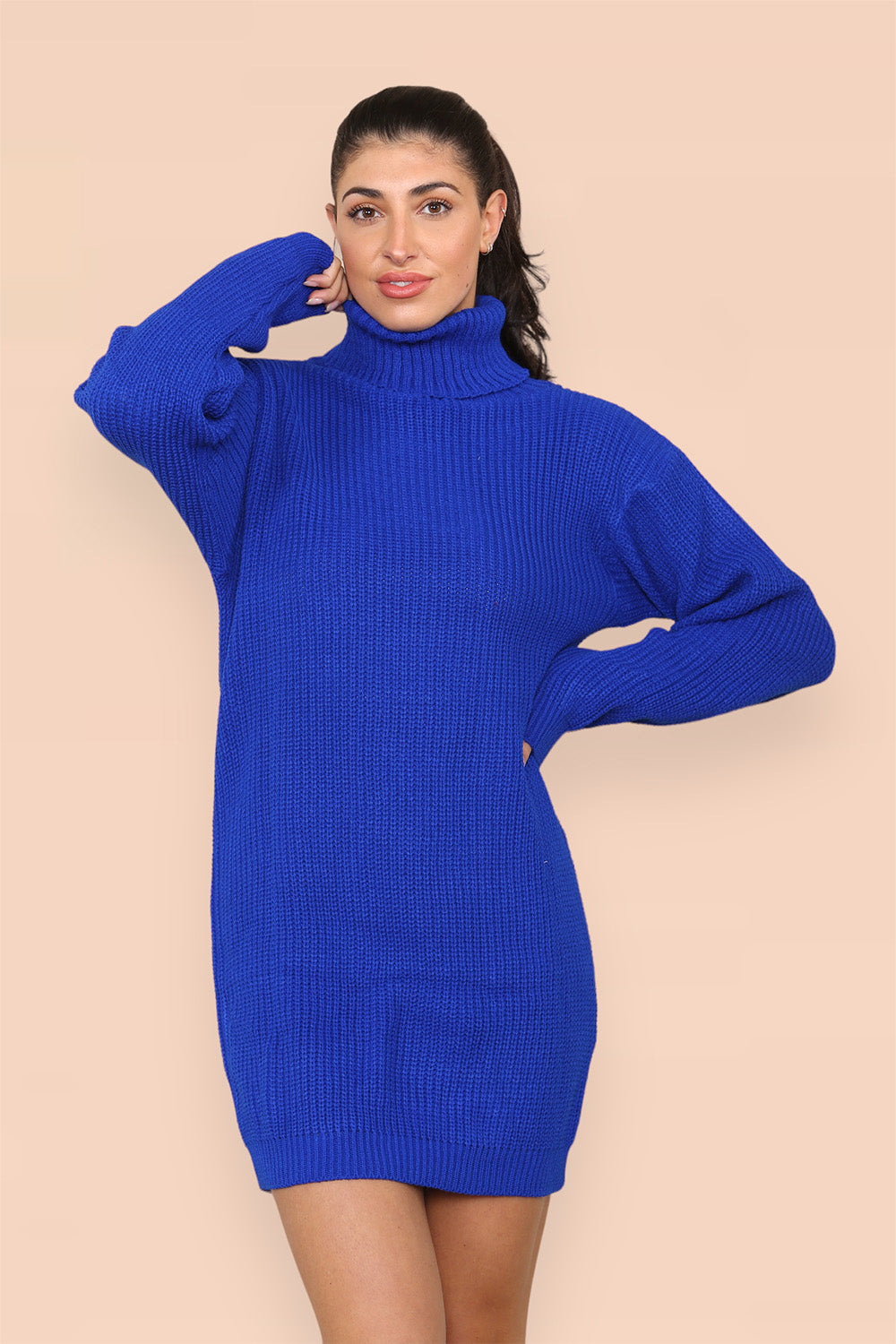Polo Roll Neck Over Sized Ribbed Knitted Florescent Chunky Sweater Jumper Dress Playsuits & Jumpsuits WearAll Royal Blue One Size Fit(8-16)