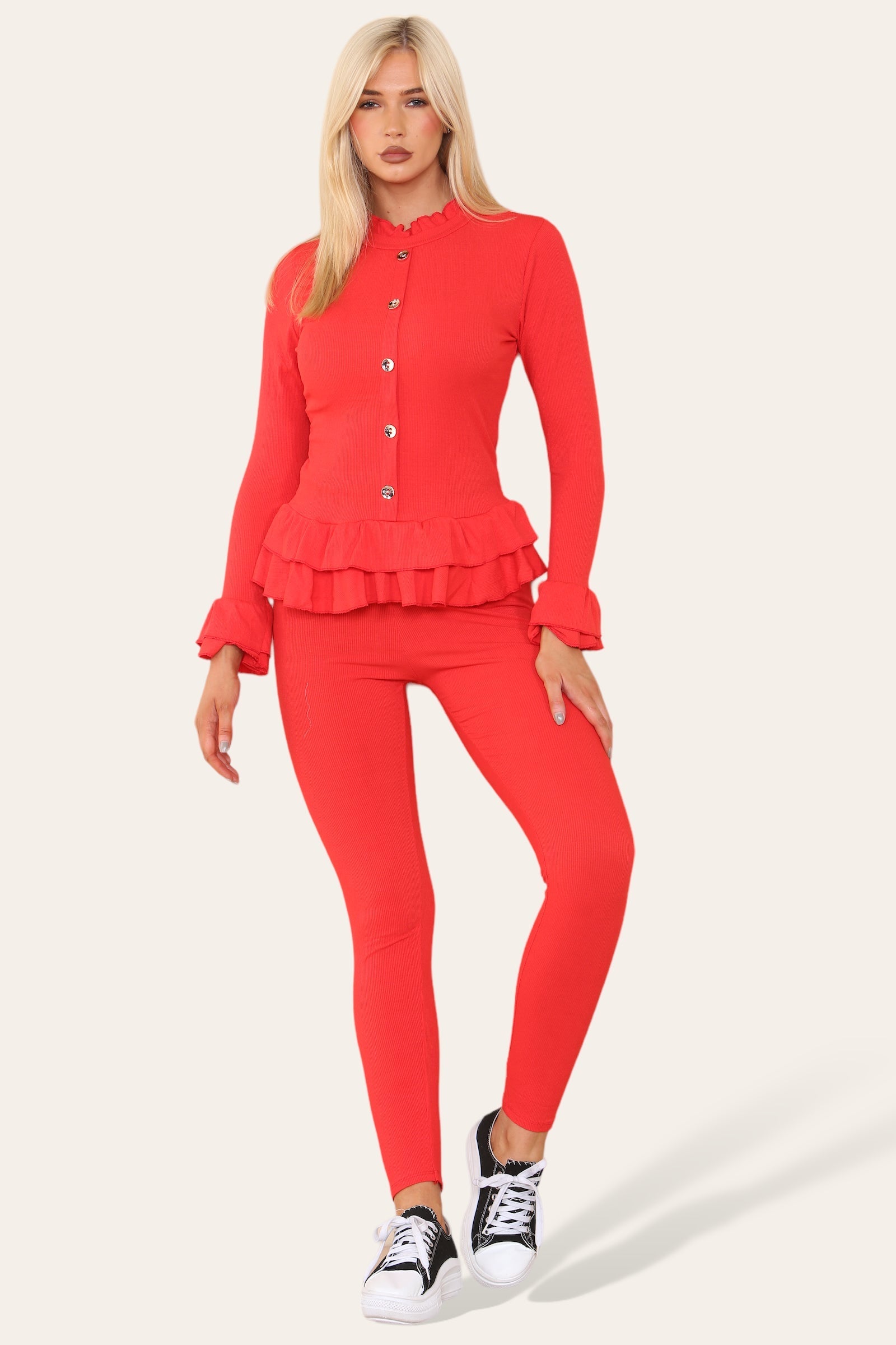Long Sleeves Peplum Front Buttons Frilled Hem Lounge Wear Set Loungewear WearAll Red 8-10