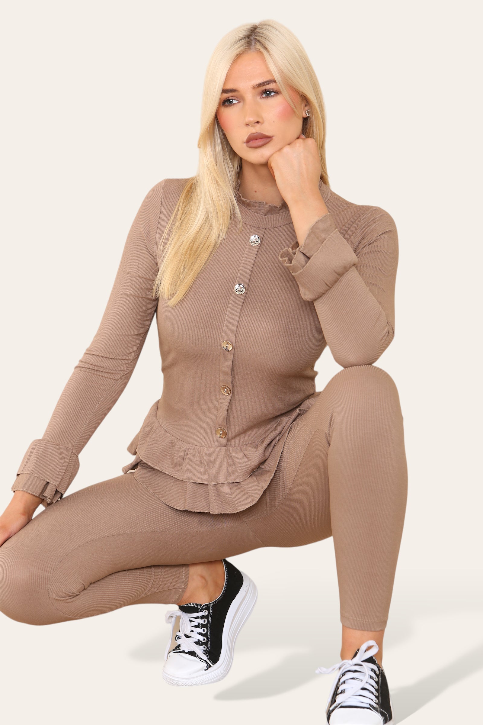 Long Sleeves Peplum Front Buttons Frilled Hem Lounge Wear Set Loungewear WearAll