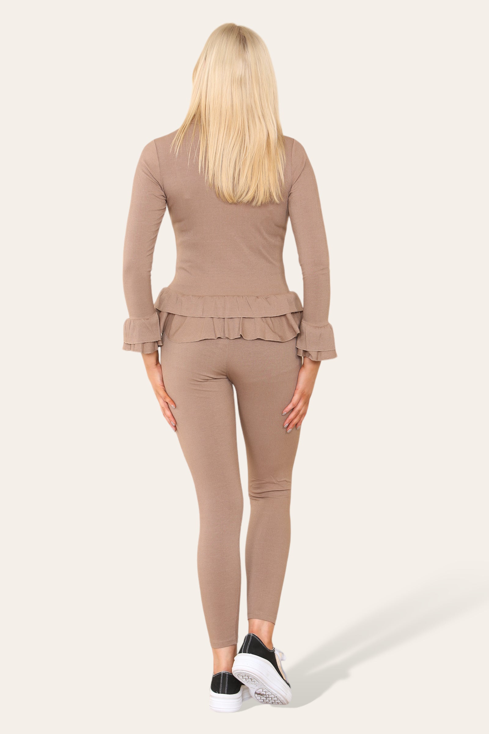 Long Sleeves Peplum Front Buttons Frilled Hem Lounge Wear Set Loungewear WearAll