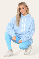 Oversized Ruched Sleeves Hoodie With Satin Ribbon with High Waist High Rise Seamless Ribbed Legging Set Hoodies & Pullover WearAll