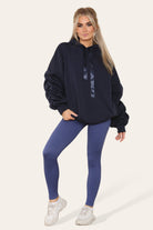 Oversized Ruched Sleeves Hoodie With Satin Ribbon with High Waist High Rise Seamless Ribbed Legging Set Hoodies & Pullover WearAll Navy S/M
