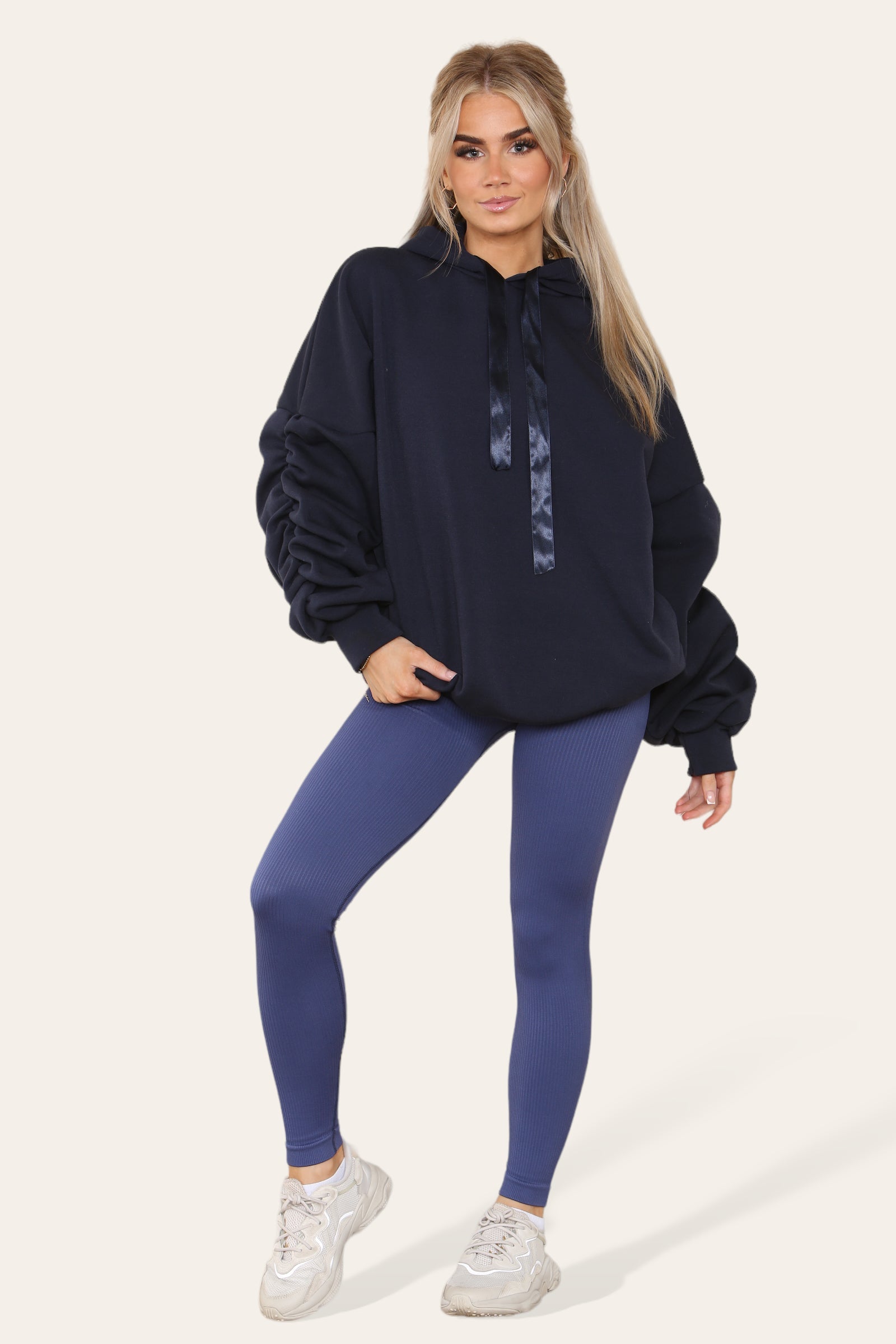 Oversized Ruched Sleeves Hoodie With Satin Ribbon with High Waist High Rise Seamless Ribbed Legging Set Hoodies & Pullover WearAll Navy S/M
