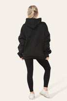Oversized Ruched Sleeves Hoodie With Satin Ribbon with High Waist High Rise Seamless Ribbed Legging Set Hoodies & Pullover WearAll