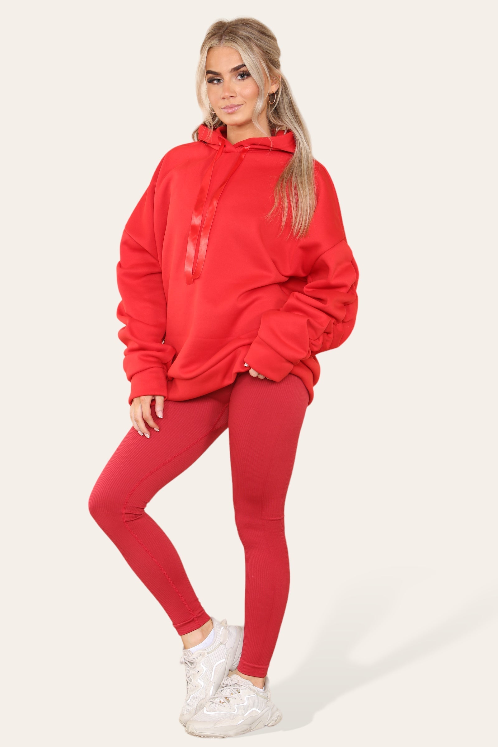 Oversized Ruched Sleeves Hoodie With Satin Ribbon with High Waist High ...