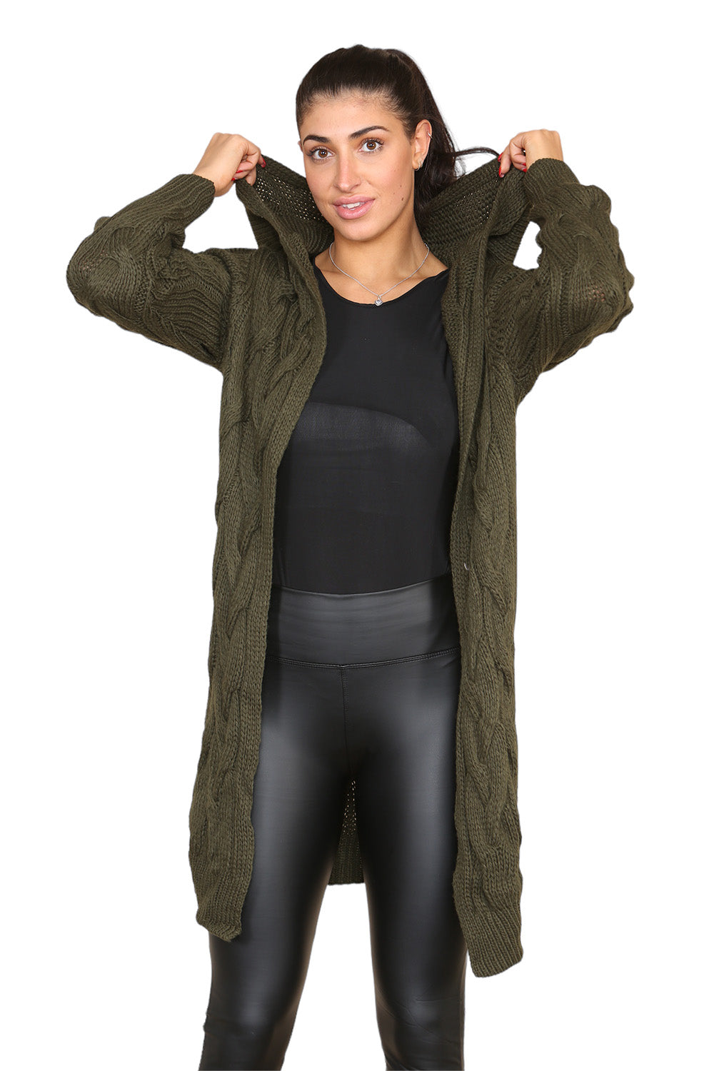 Knitted Cables Hooded Long Over Sized Cardigan Cardigan WearAll