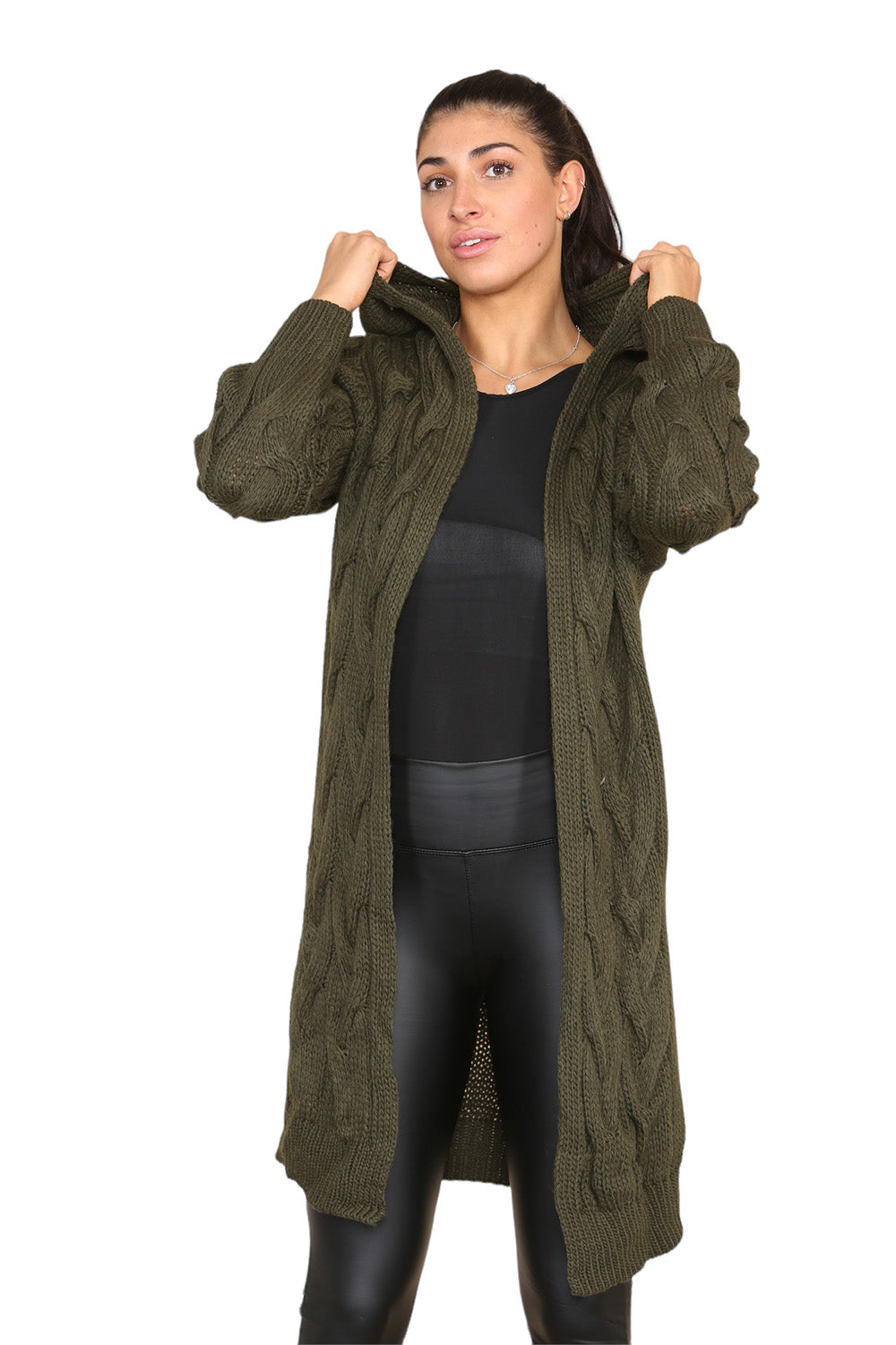 Knitted Cables Hooded Long Over Sized Cardigan Cardigan WearAll Khaki S/M