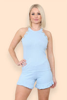 Peplum Sleeveless Suit Button Detail Frilled Shorts Co-Ord Set Co-Ord WearAll Sky Blue 8-10