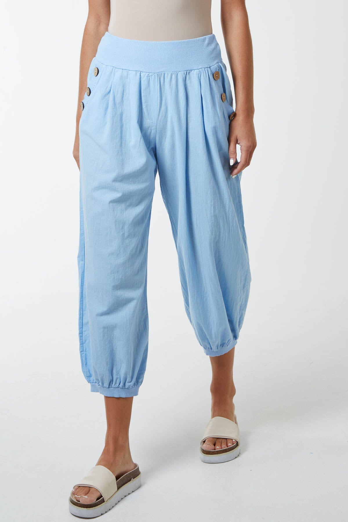 Button Pocket Detail Harem Pants TRS1 WearAll Light Blue One Size