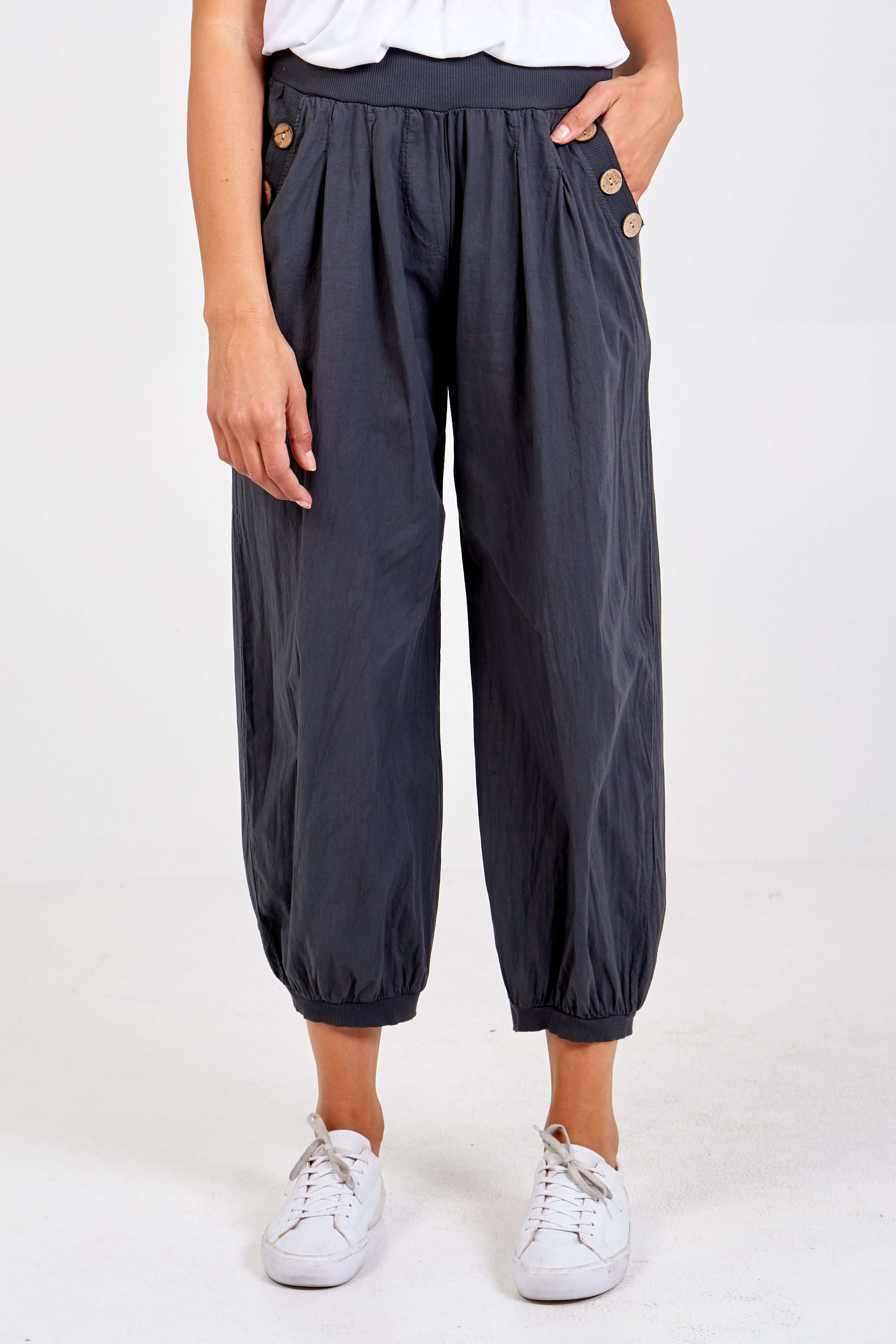 Button Pocket Detail Harem Pants TRS1 WearAll Charcoal One Size