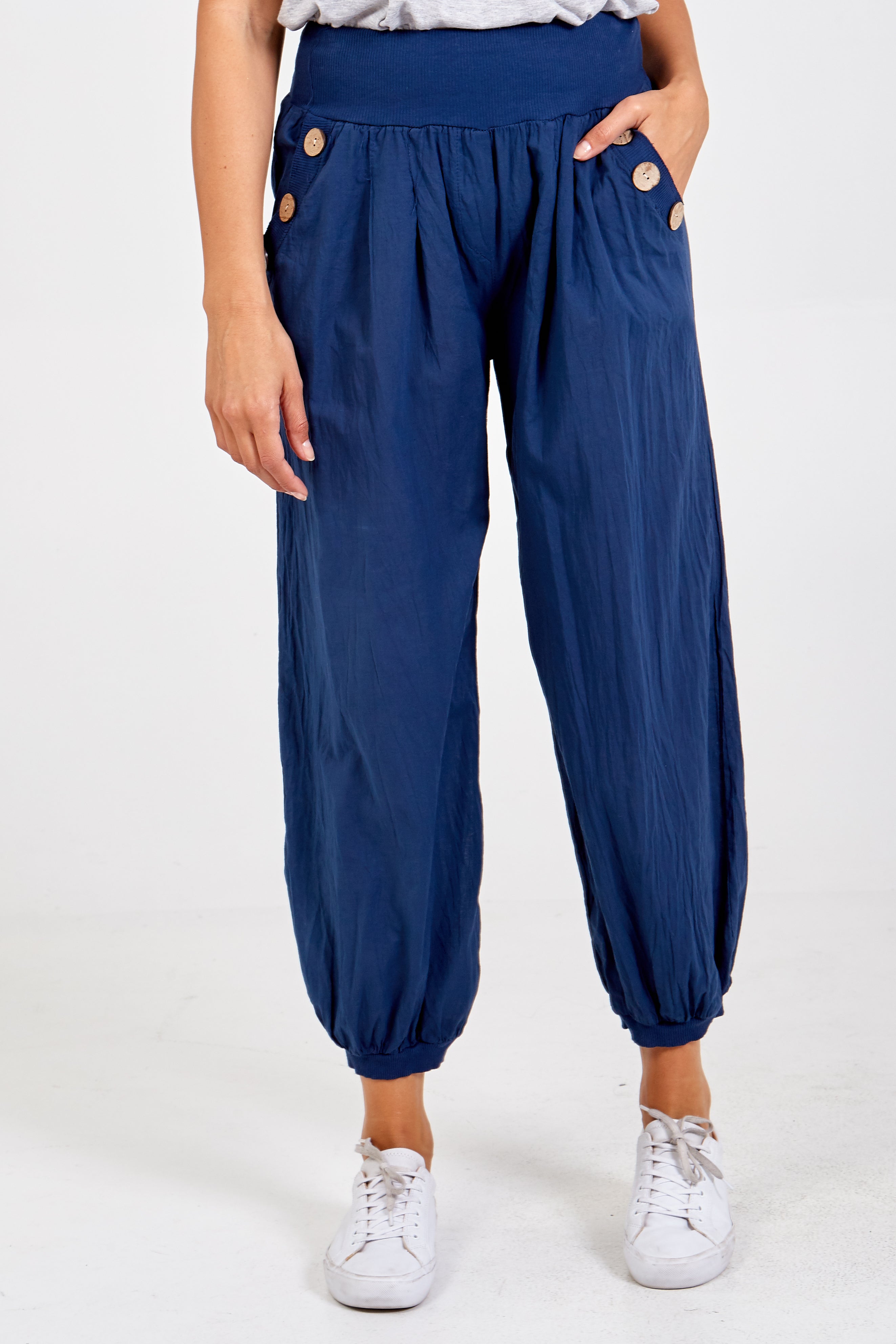 Button Pocket Detail Harem Pants TRS1 WearAll Navy One Size