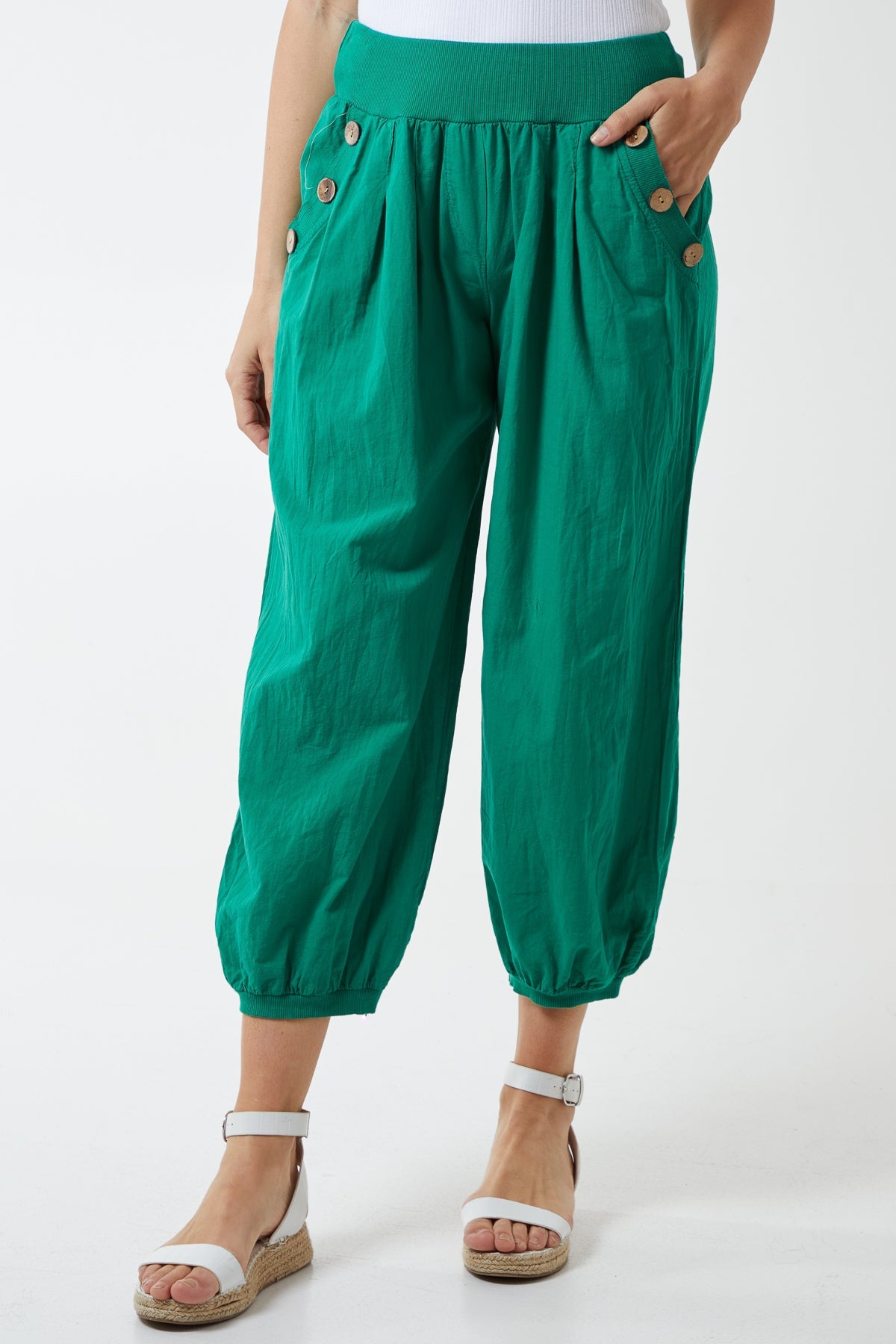 Button Pocket Detail Harem Pants TRS1 WearAll Jade One Size