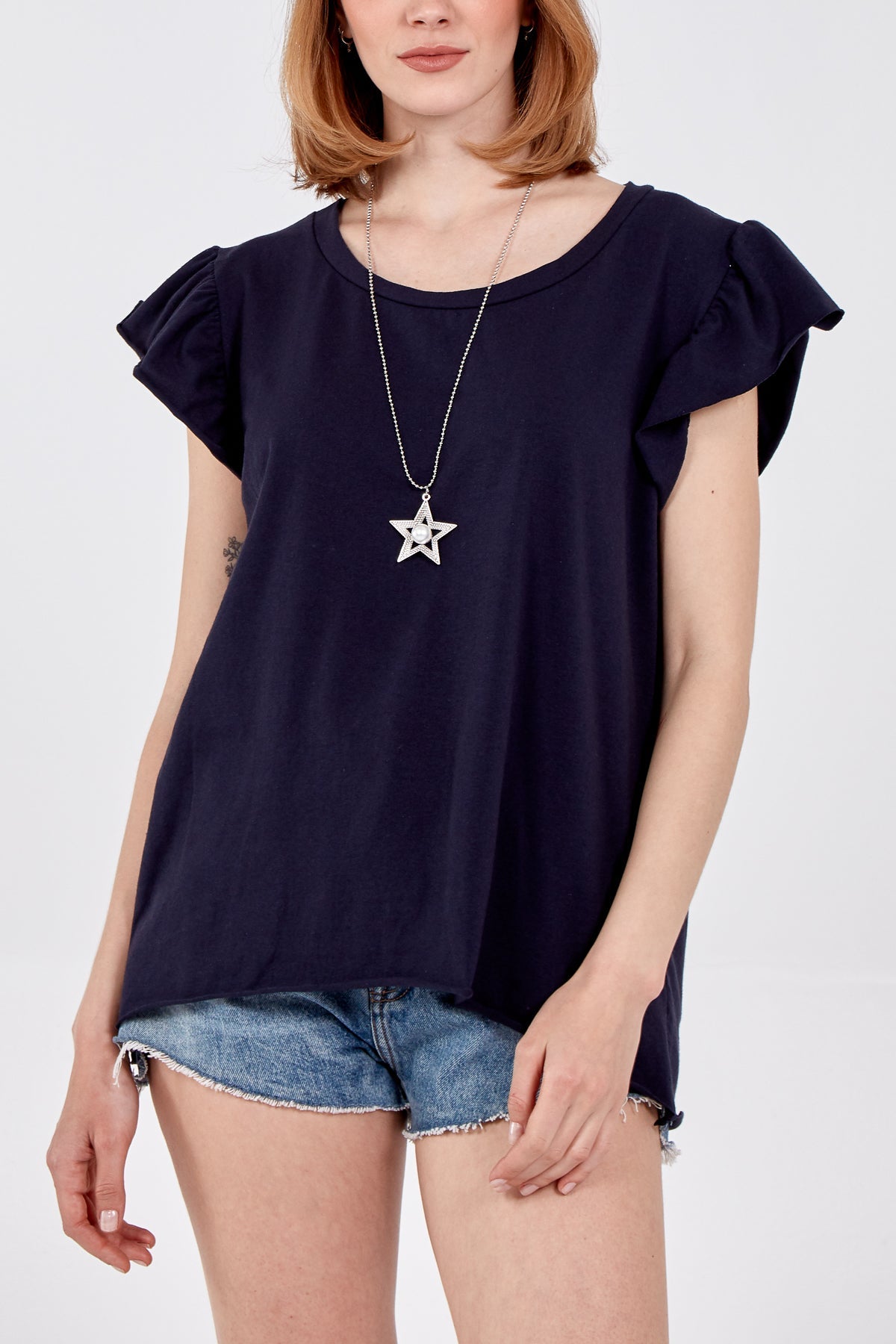 Scoop Neck Frill Sleeve Top With Necklace TOPMF2 WearAll