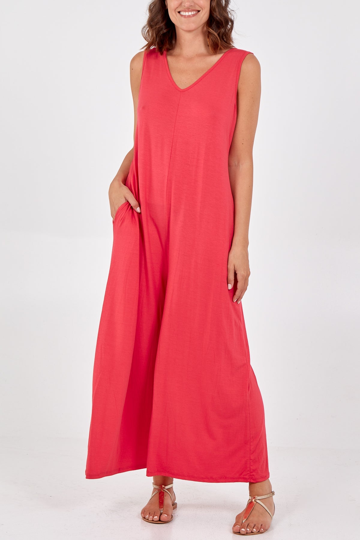 Sleeveless Plain V-Neck Jumpsuit Jump/Play WearAll Hot Pink One Size