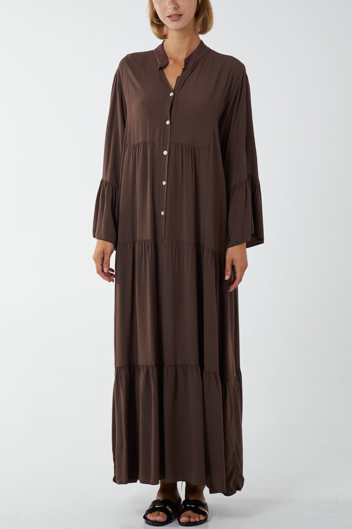 Maxi Tiered Button Up Dress DMF2 WearAll Chocolate One Size