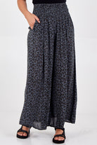 Leopard Print Ruched Waist Wide Leg Trousers TRS1 WearAll Charcoal One Size