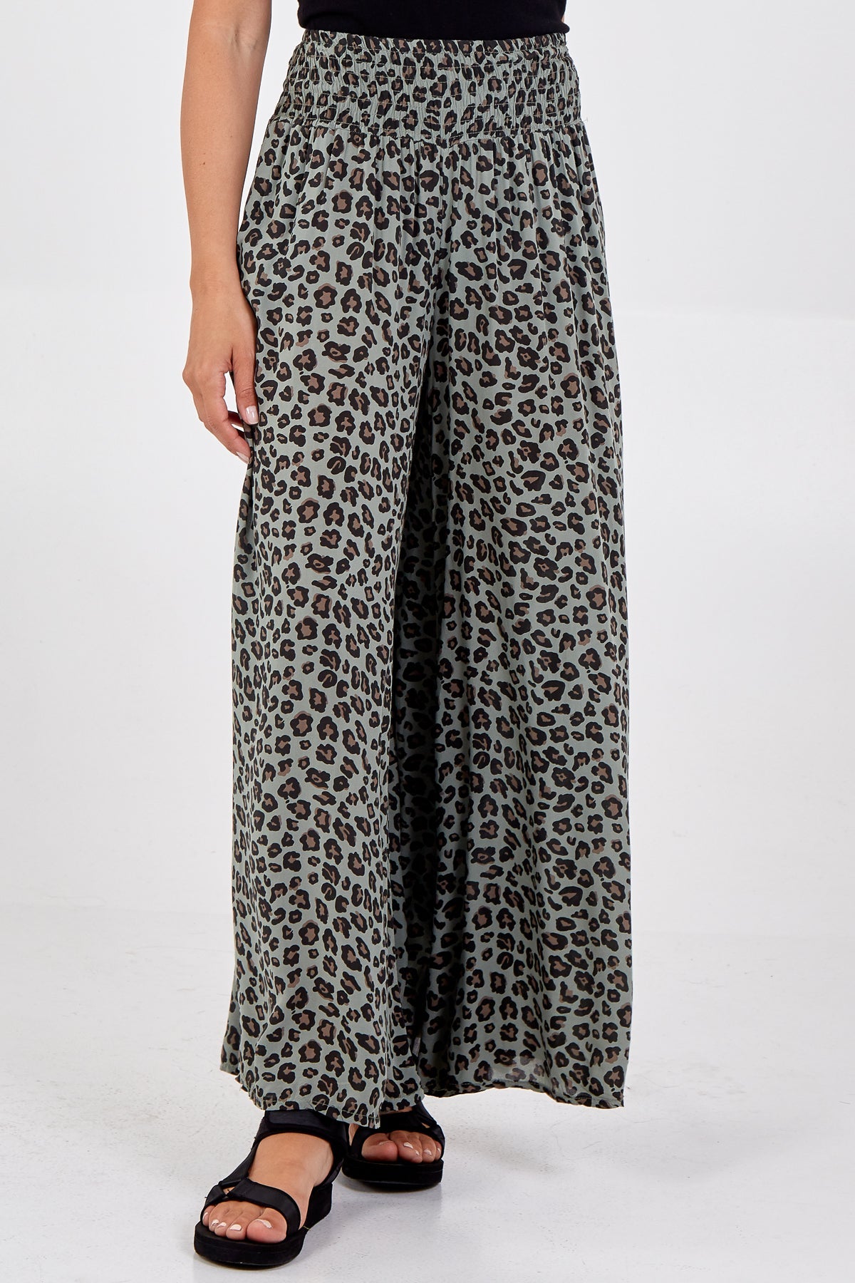 Leopard Print Ruched Waist Wide Leg Trousers TRS1 WearAll Khaki One Size