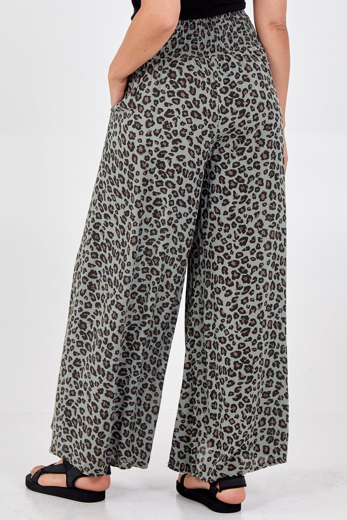 Leopard Print Ruched Waist Wide Leg Trousers TRS1 WearAll