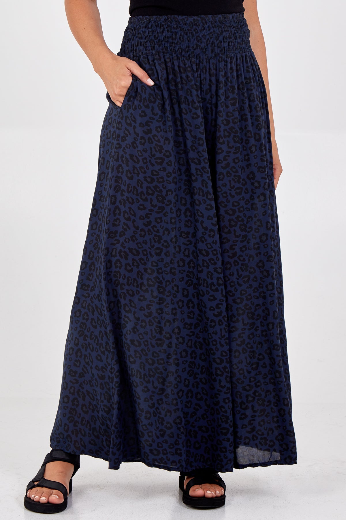 Leopard Print Ruched Waist Wide Leg Trousers TRS1 WearAll Navy One Size