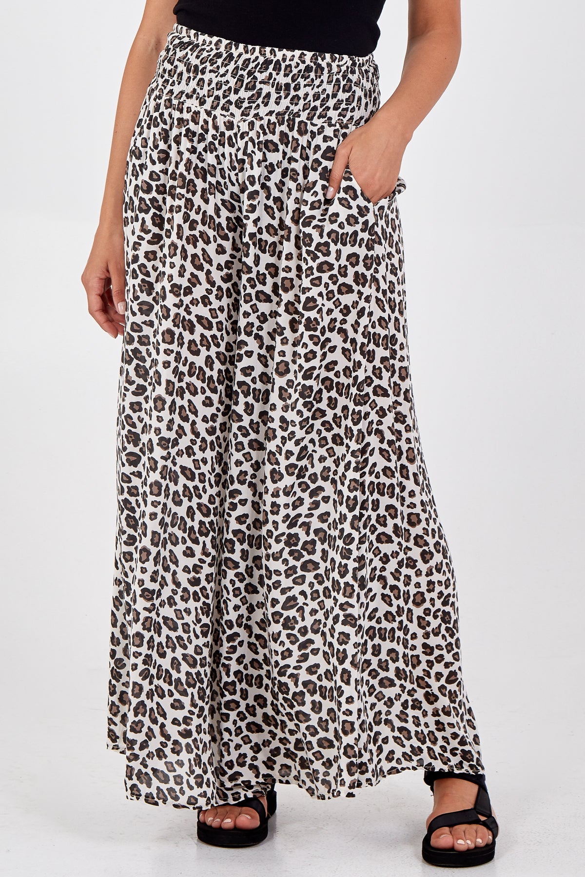 Leopard Print Ruched Waist Wide Leg Trousers TRS1 WearAll Beige One Size
