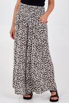 Leopard Print Ruched Waist Wide Leg Trousers TRS1 WearAll Beige One Size