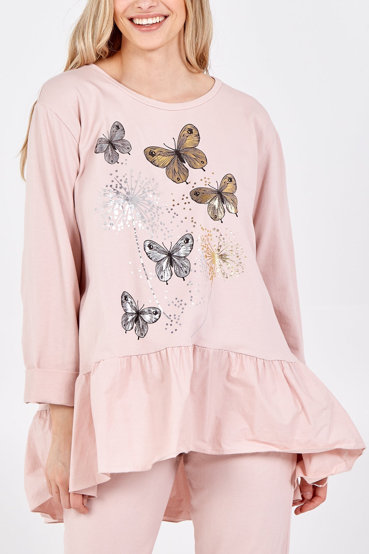 Butterfly Frill Hem Sweatshirt TOPMF2 WearAll Pink One Size