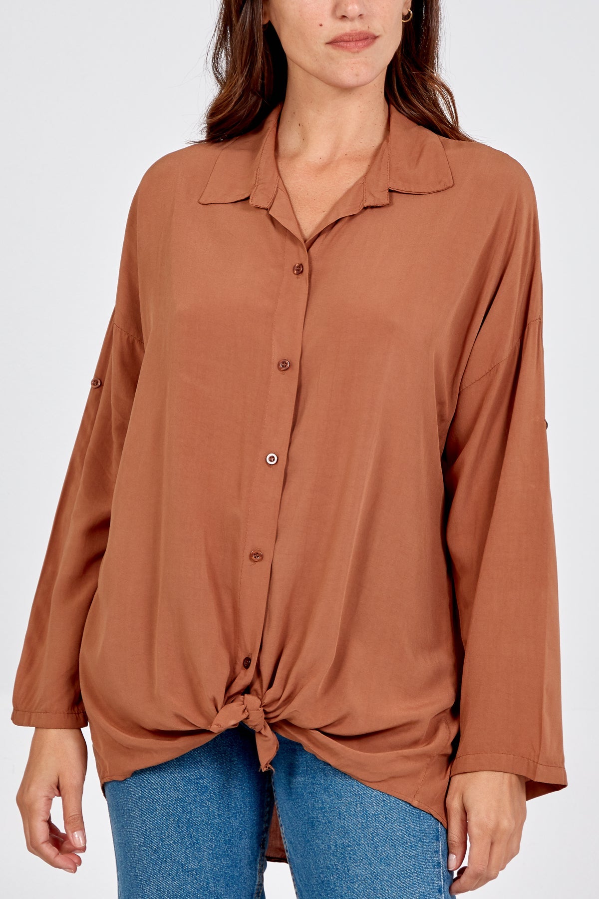 Tie Front Plain Shirt Blouse TOPMF2 WearAll Tan One Size