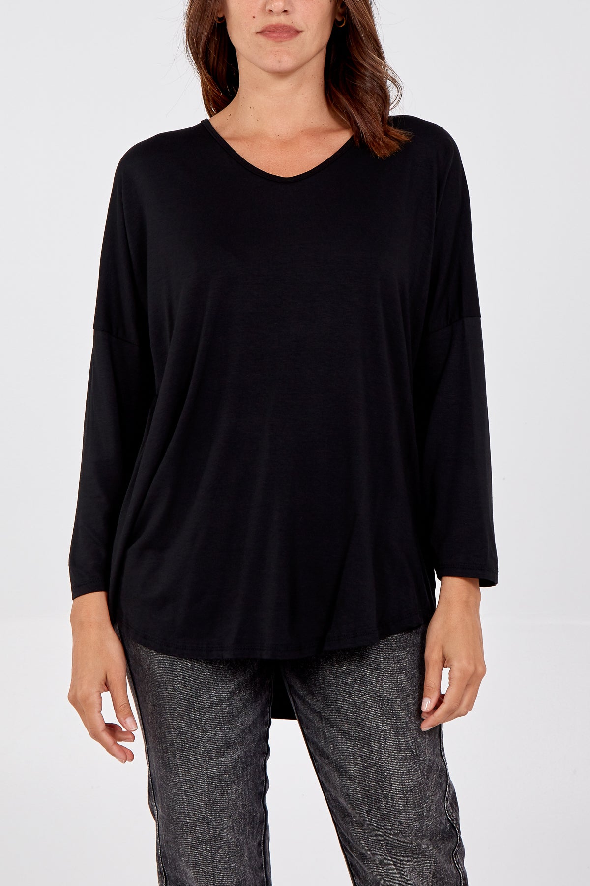 High Low Curved Hem Long Sleeve Top TOPMF2 WearAll Black One Size